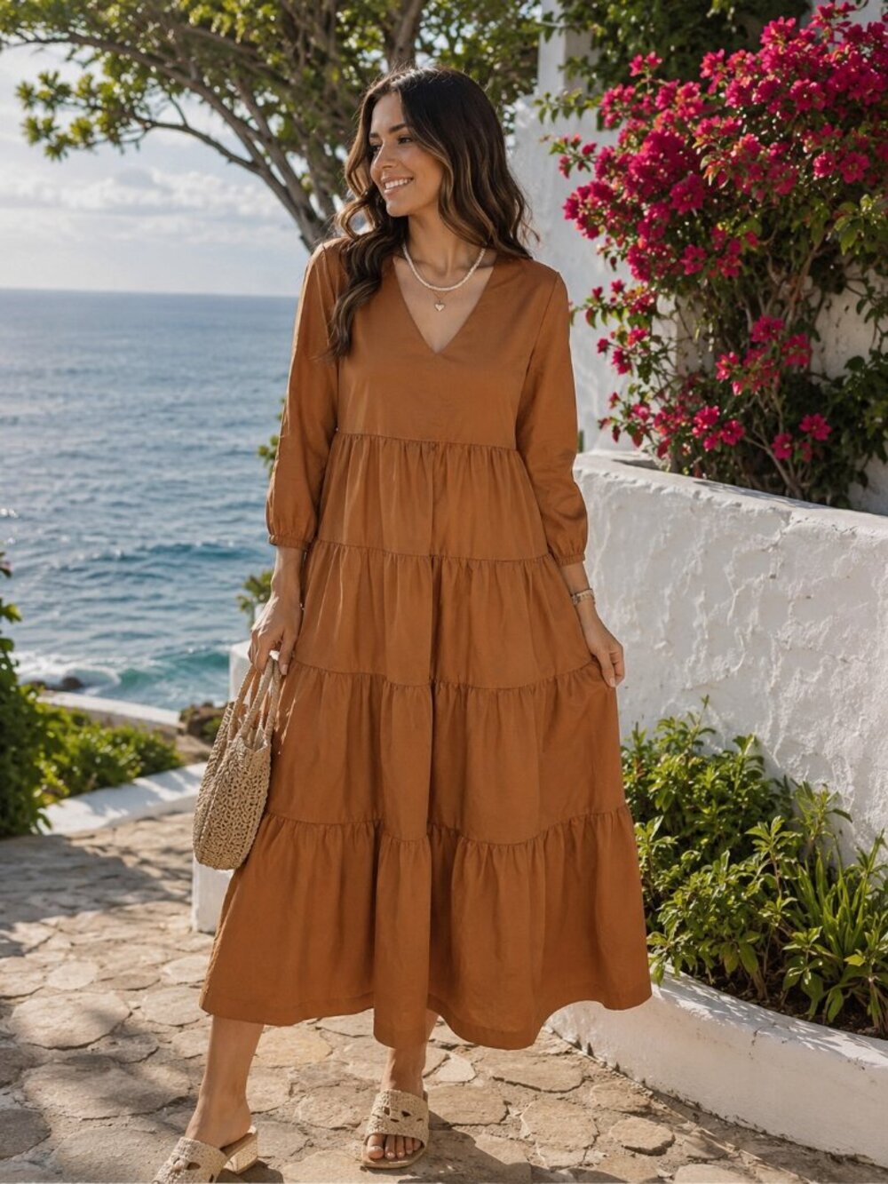 En Saison Reagan Relaxed Fit Midi Dress in Caramel Size Small NWT